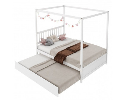 FaFurn - Full Size Canopy Platform Bed with Twin Roller Trundle Bed in White