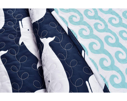 FaFurn - Full/Queen 5 Piece Bed in a Bag Navy Teal Microfiber Waves Whales Quilt Set