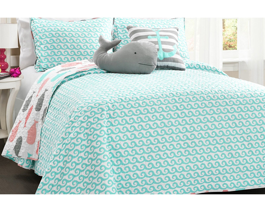 FaFurn - Full/Queen 5 Piece Microfiber Quilt Set in Teal Pink Aqua Waves Whale Pattern