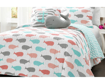 FaFurn - Full/Queen 5 Piece Microfiber Quilt Set in Teal Pink Aqua Waves Whale Pattern