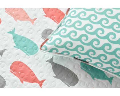 FaFurn - Full/Queen 5 Piece Microfiber Quilt Set in Teal Pink Aqua Waves Whale Pattern