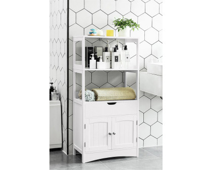 FaFurn - White Bathroom Floor Cabinet with Storage Drawer 2 Open Shelves