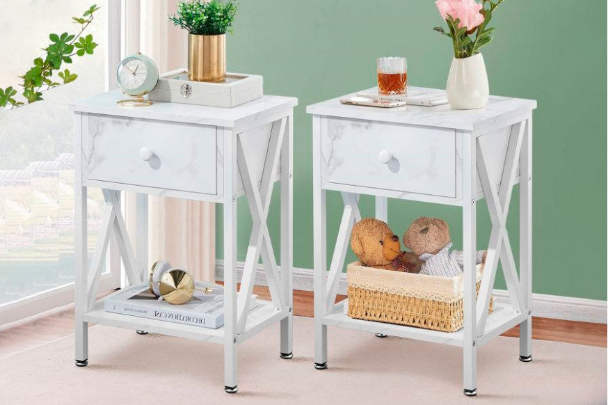 FaFurn™ Set of 2 Rustic End Table with 1 Drawer - White, Metal/MDF