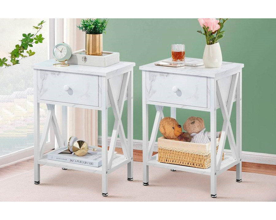 FaFurn Set of 2 Rustic End Table with 1 Drawer - White, Metal/MDF