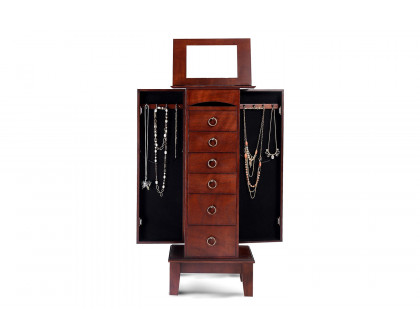 FaFurn™ - Medium Brown Wood Jewlery Armoire Storage Chest Cabinet with Mirror