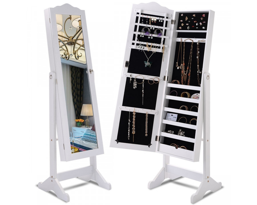 FaFurn - Locking Jewelry Armoire Cabinet with Mirror in White, Wood