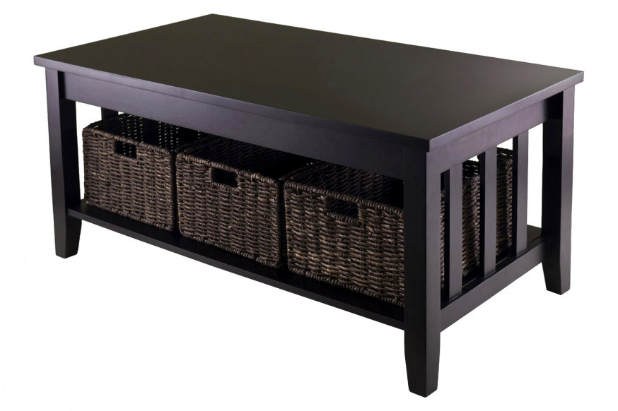 FaFurn™ - Mission Style Dark Wood Coffee Table with 3-Folding Storage Baskets