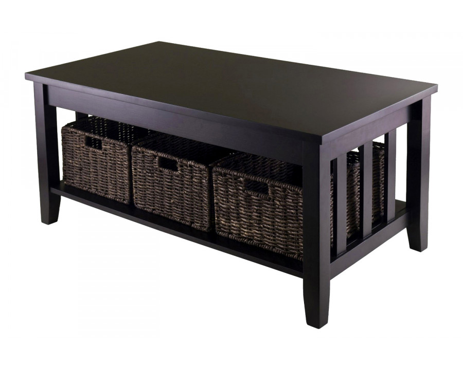 FaFurn - Mission Style Dark Wood Coffee Table with 3-Folding Storage Baskets