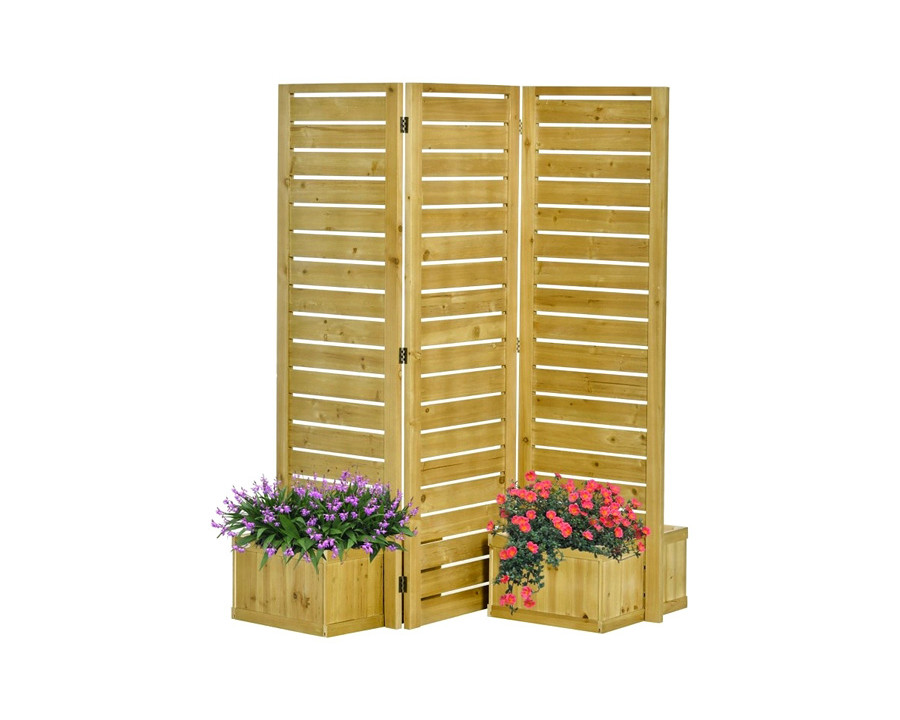 FaFurn - 3 Panel Fir Wood Outdoor Privacy Screen with 4 Garden Bed Planters