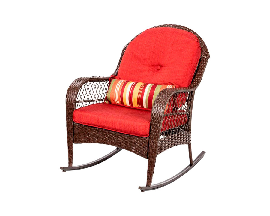 FaFurn - Outdoor Patio Rocking Chair with Red Cushions and Accent Pillow in Brown, Wicker/Steel/Fabric