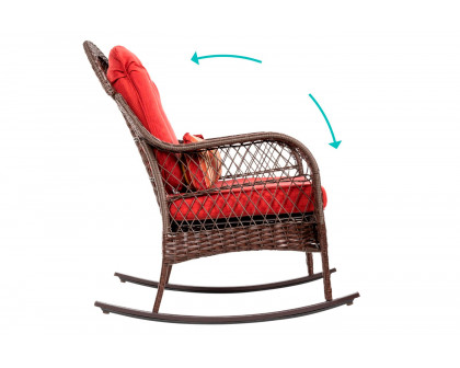 FaFurn - Outdoor Patio Rocking Chair with Red Cushions and Accent Pillow in Brown, Wicker/Steel/Fabric