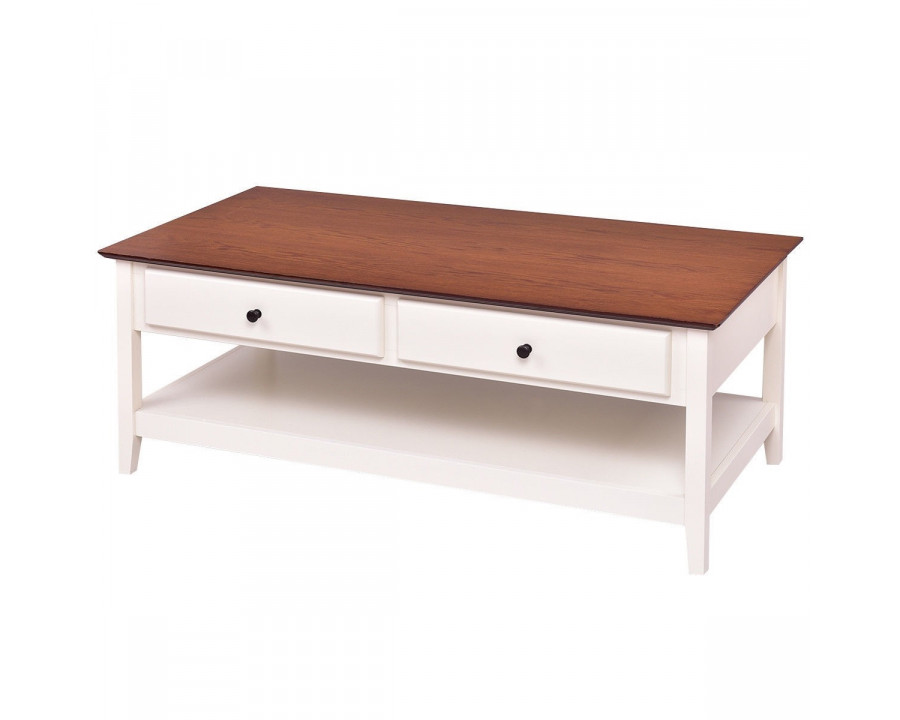 FaFurn Coffee Table with 2 Storage Drawers and Bottom Shelf - White, Wood