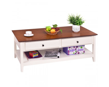 FaFurn™ Coffee Table with 2 Storage Drawers and Bottom Shelf - White, Wood