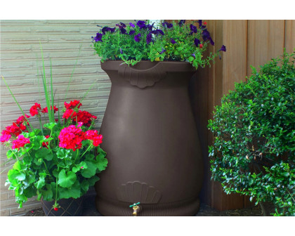 FaFurn 65 Gallon Plastic Urn Rain Barrel with Planter Top - Brown