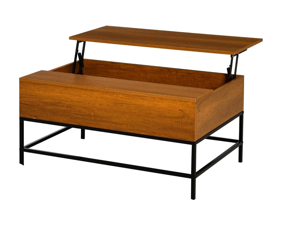 FaFurn - Traditional Farmhouse Brown Lift Top Coffee Table W/ Hidden Storage Black Metal Legs