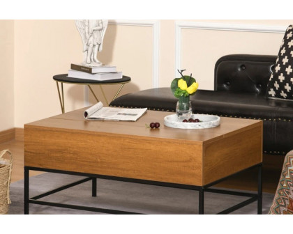 FaFurn - Traditional Farmhouse Brown Lift Top Coffee Table W/ Hidden Storage Black Metal Legs