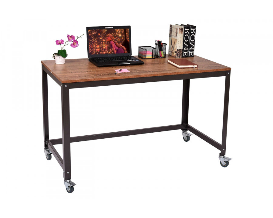 FaFurn - Industrial Modern Steel Frame Wood Top Computer Desk with Locking Wheels