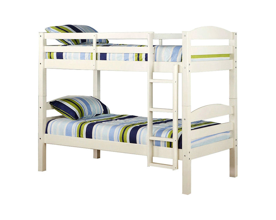 FaFurn - White Wood Twin Over Twin Bunk Bed with Ladder and Guardrail