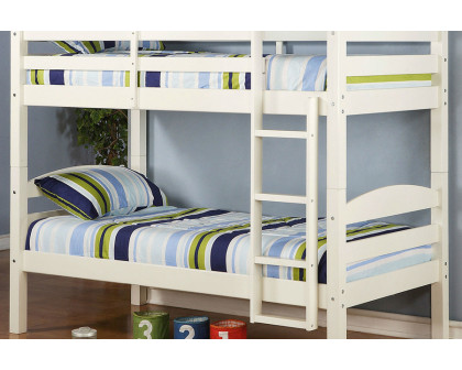 FaFurn - White Wood Twin Over Twin Bunk Bed with Ladder and Guardrail