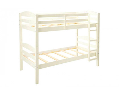 FaFurn - White Wood Twin Over Twin Bunk Bed with Ladder and Guardrail