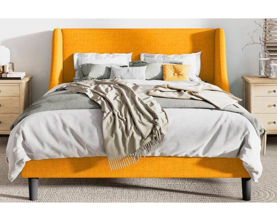 FaFurn King Size Platform Bed with Headboard Wingback - Yellow, Fabric