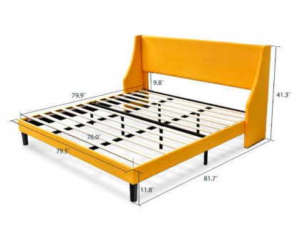 FaFurn King Size Platform Bed with Headboard Wingback - Yellow, Fabric