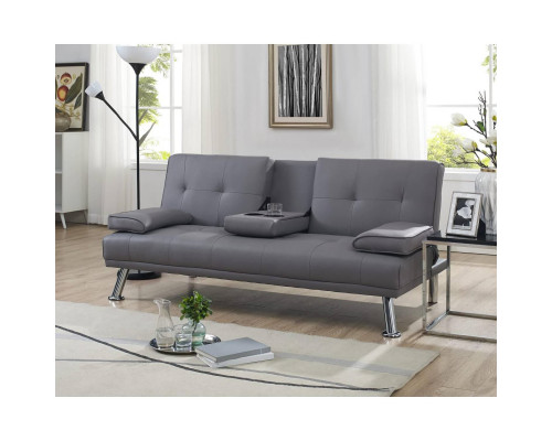 FaFurn - Modern Sofa-Bed with Cup Holder in Gray, Faux Leather