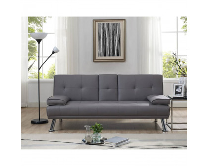 FaFurn - Modern Sofa-Bed with Cup Holder in Gray, Faux Leather