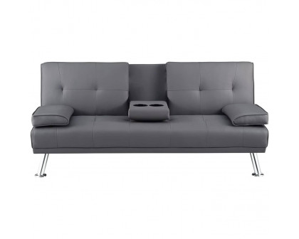 FaFurn - Modern Sofa-Bed with Cup Holder in Gray, Faux Leather