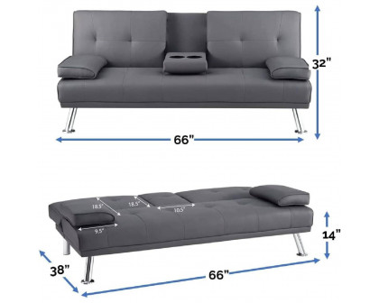 FaFurn - Modern Sofa-Bed with Cup Holder in Gray, Faux Leather