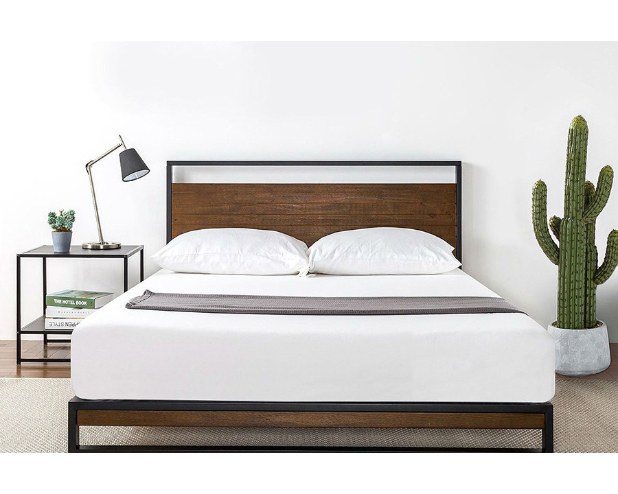 FaFurn - Metal Wood Platform Bed Frame with Headboard