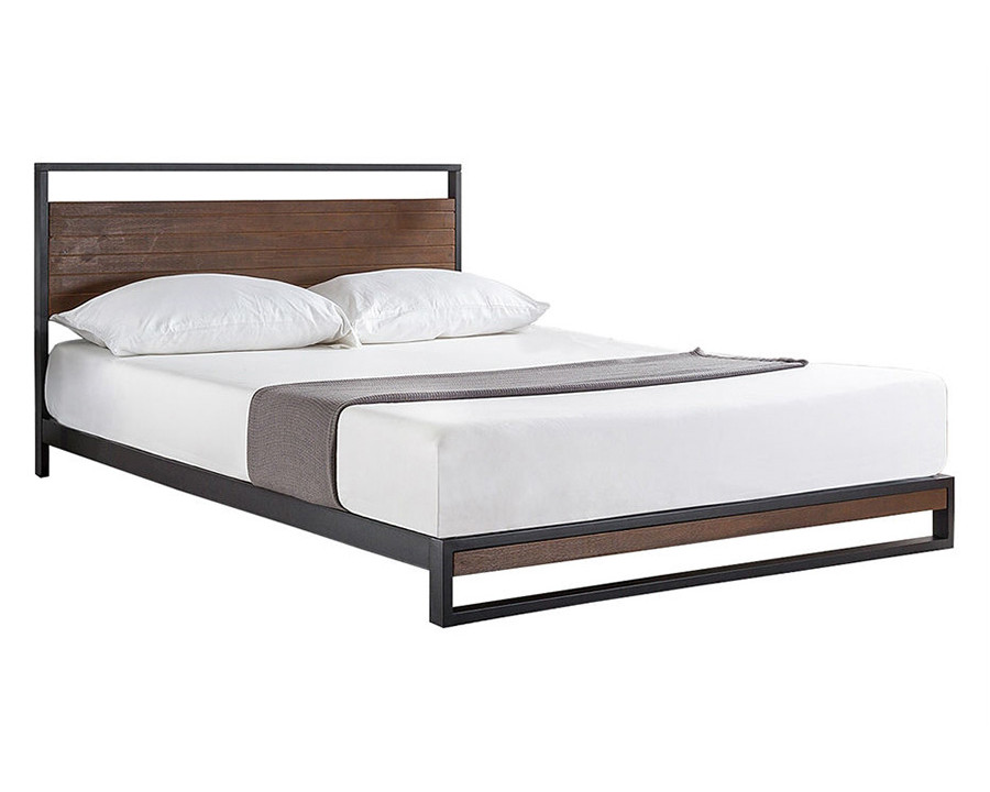 FaFurn Metal Wood Platform Bed Frame with Headboard - Queen Size