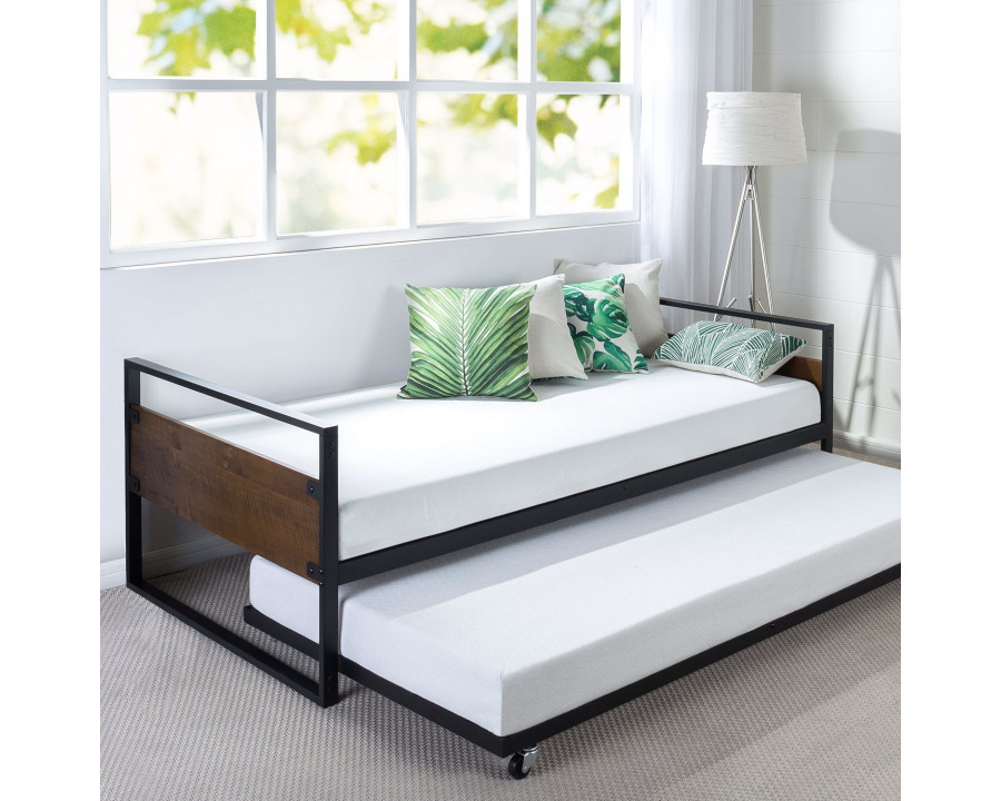 FaFurn - Twin Size Daybed with Roll Out Trundle Bed in Brown