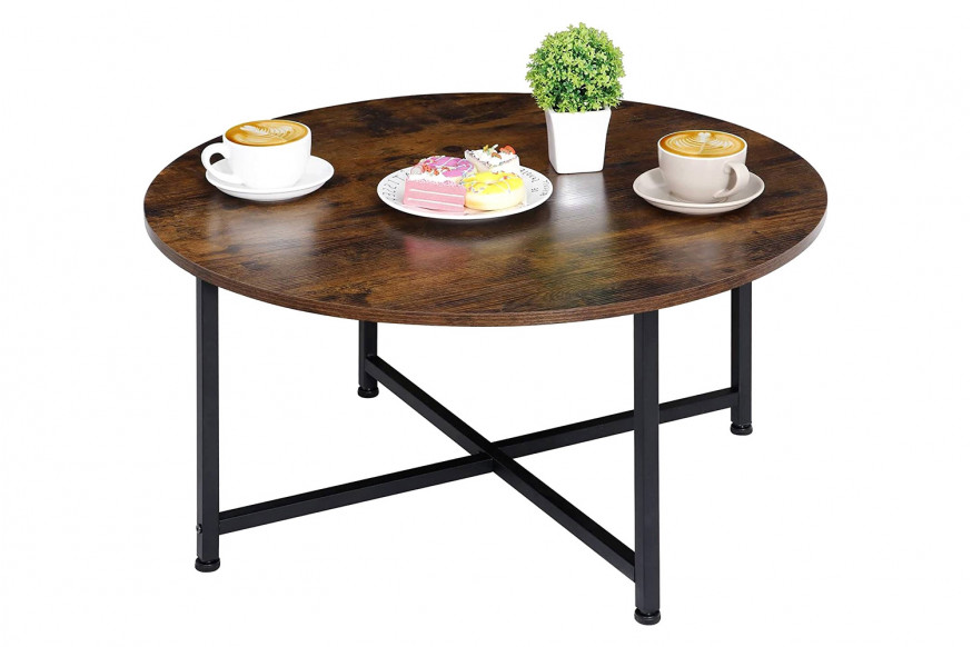 FaFurn™ - Modern Round Industrial Coffee Table with Rustic Brown Wood Top