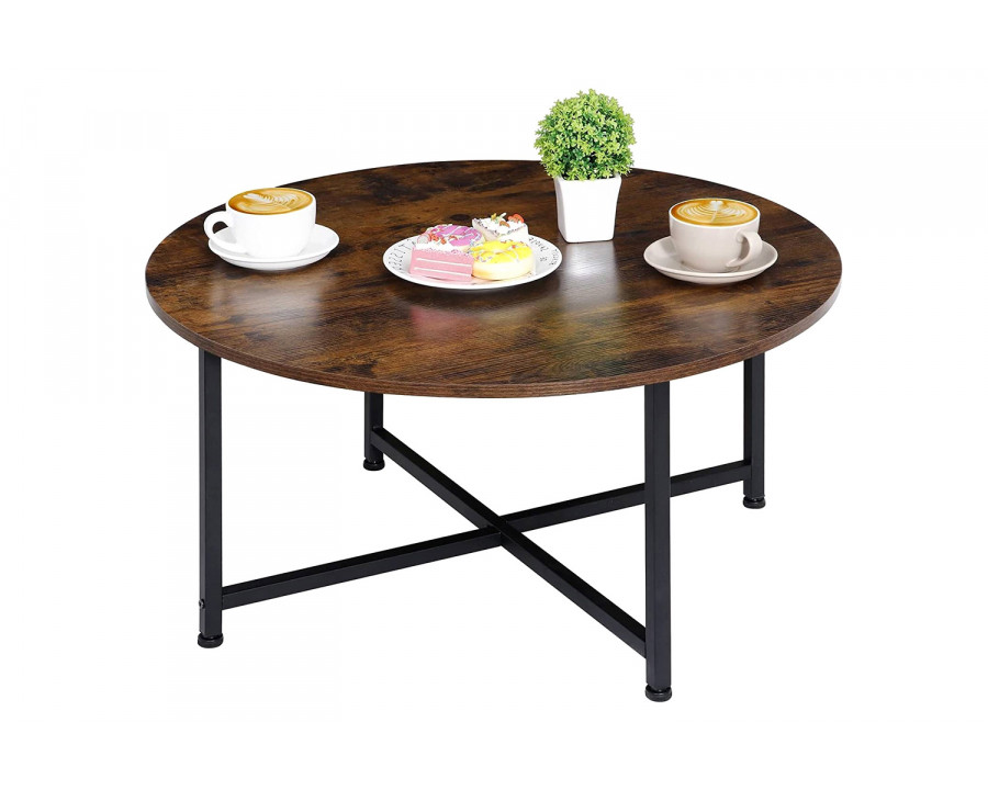 FaFurn - Modern Round Industrial Coffee Table with Rustic Brown Wood Top