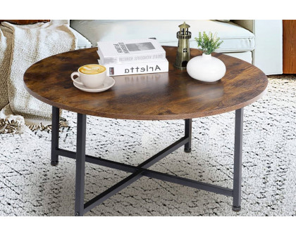 FaFurn™ - Modern Round Industrial Coffee Table with Rustic Brown Wood Top