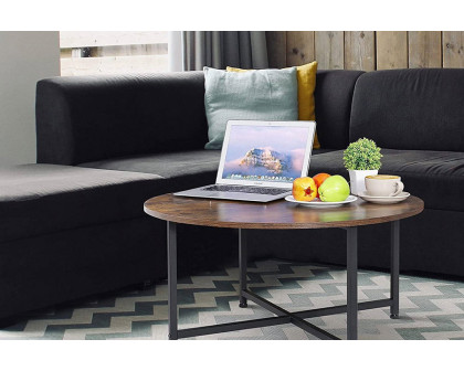 FaFurn™ - Modern Round Industrial Coffee Table with Rustic Brown Wood Top