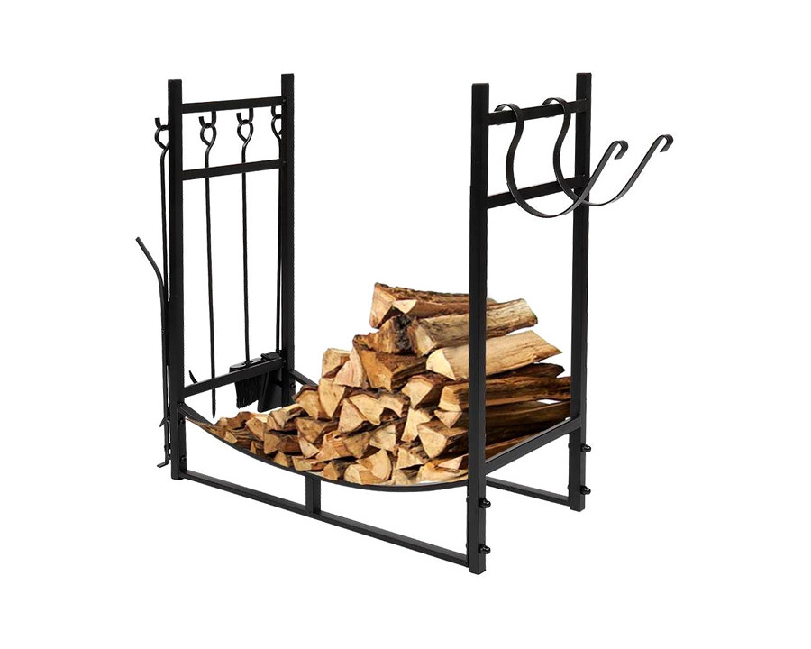 FaFurn - Black Metal Firewood Holder Log Rack with Poker Shovel Tongs and Broom