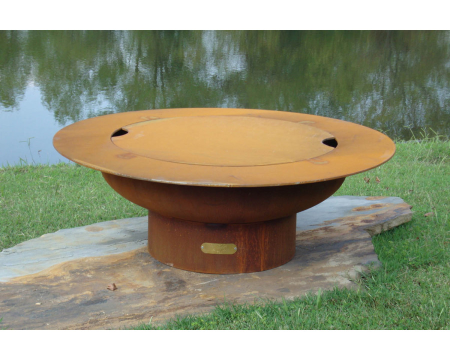 Fire Pit Art Saturn with Lid Liquid Propane - All Weather Electronic Ignition AWEIS - Iron Oxide Patina