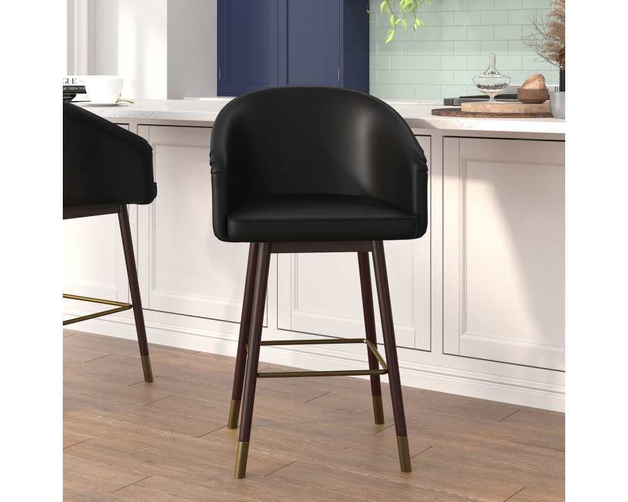 BLNK Margo Commercial LeatherSoft Mid-Back Modern Counter Stool with Walnut Finish Beechwood Legs and Contoured Back Set of 2