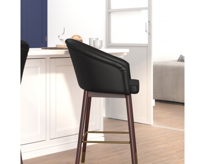 BLNK Margo Commercial LeatherSoft Mid-Back Modern Counter Stool with Walnut Finish Beechwood Legs and Contoured Back Set of 2 - Black