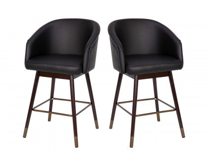 BLNK Margo Commercial LeatherSoft Mid-Back Modern Counter Stool with Walnut Finish Beechwood Legs and Contoured Back Set of 2 - Black