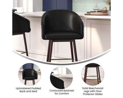 BLNK Margo Commercial LeatherSoft Mid-Back Modern Counter Stool with Walnut Finish Beechwood Legs and Contoured Back Set of 2 - Black