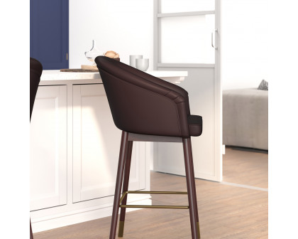 BLNK Margo Commercial LeatherSoft Mid-Back Modern Counter Stool with Walnut Finish Beechwood Legs and Contoured Back Set of 2 - Brown