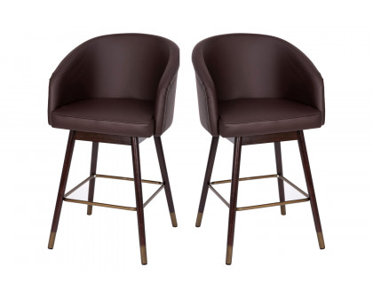 BLNK Margo Commercial LeatherSoft Mid-Back Modern Counter Stool with Walnut Finish Beechwood Legs and Contoured Back Set of 2 - Brown