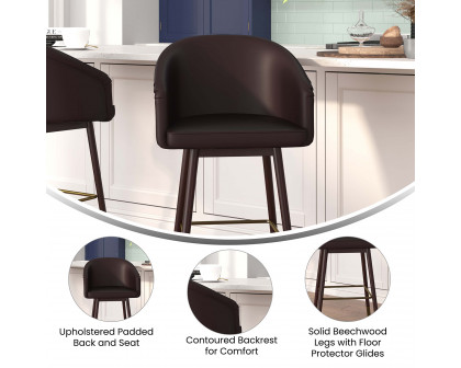 BLNK Margo Commercial LeatherSoft Mid-Back Modern Counter Stool with Walnut Finish Beechwood Legs and Contoured Back Set of 2 - Brown