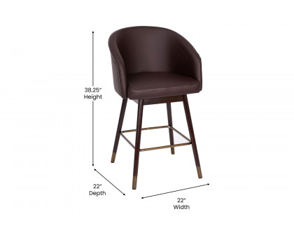 BLNK Margo Commercial LeatherSoft Mid-Back Modern Counter Stool with Walnut Finish Beechwood Legs and Contoured Back Set of 2 - Brown