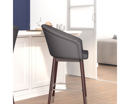 BLNK Margo Commercial LeatherSoft Mid-Back Modern Counter Stool with Walnut Finish Beechwood Legs and Contoured Back Set of 2 - Gray