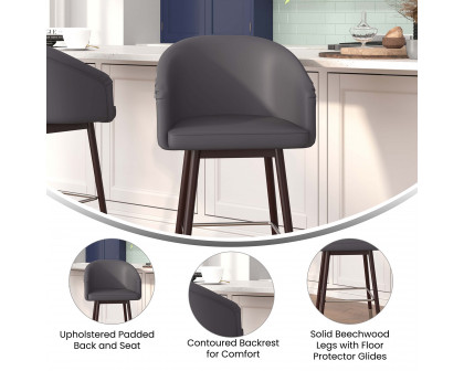 BLNK Margo Commercial LeatherSoft Mid-Back Modern Counter Stool with Walnut Finish Beechwood Legs and Contoured Back Set of 2 - Gray