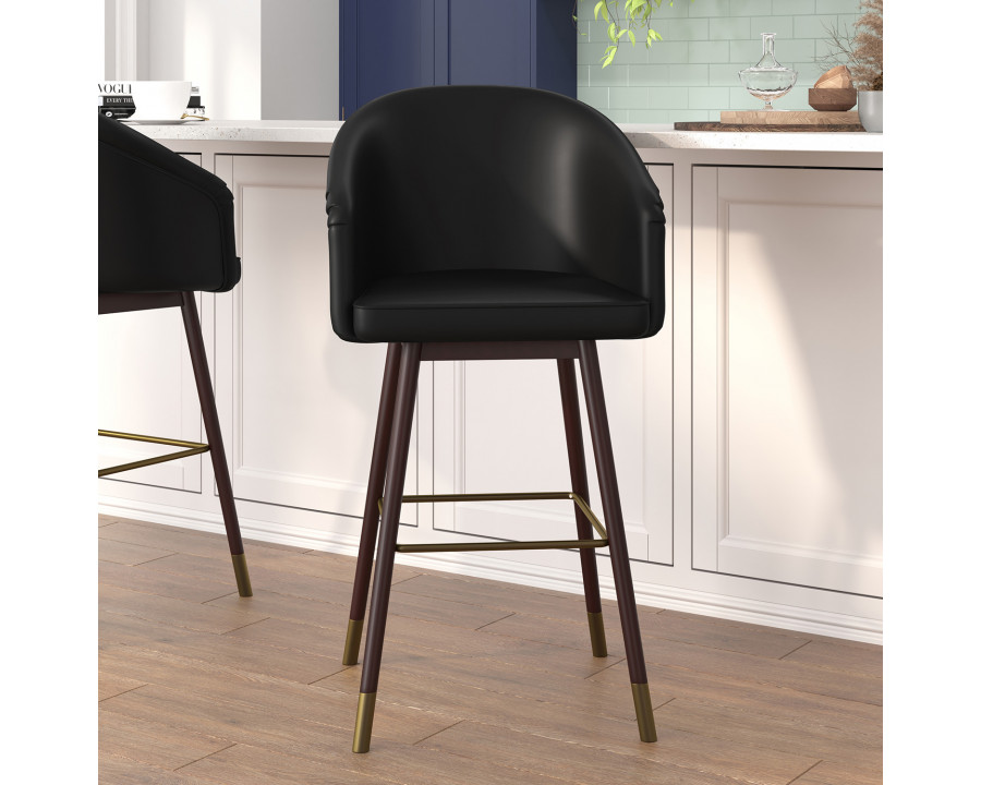 BLNK Margo Commercial LeatherSoft Mid-Back Modern Bar Stool with Walnut Finish Beechwood Legs and Curved Back Set of 2 - Black